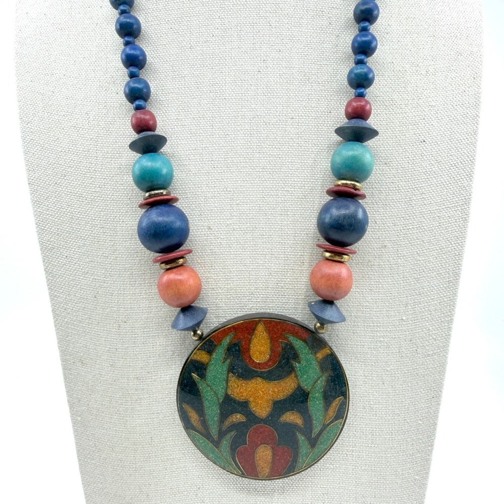 Artisanal Wood Bead Statement Necklace with Floral Inlay - Boho Jewelry